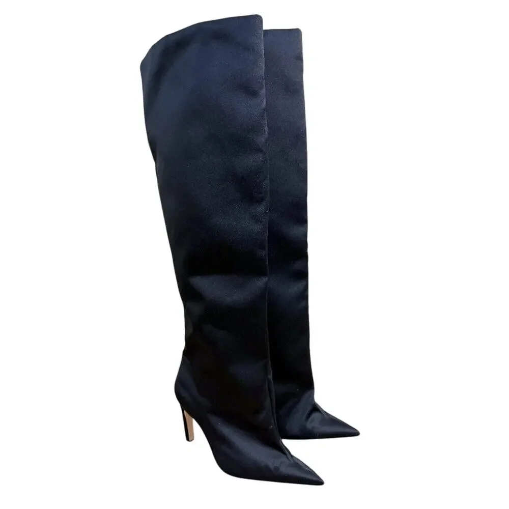 Good American Black Satin Over the Knee Slouchy Stiletto Boots Sz 5.5 Pointy Toe
